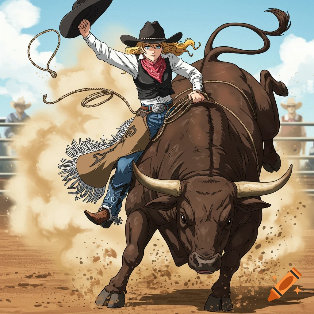 Anime-style cowgirl in a black vest and blue jeans rides a bucking bull at a rodeo, waving a black cowboy hat.