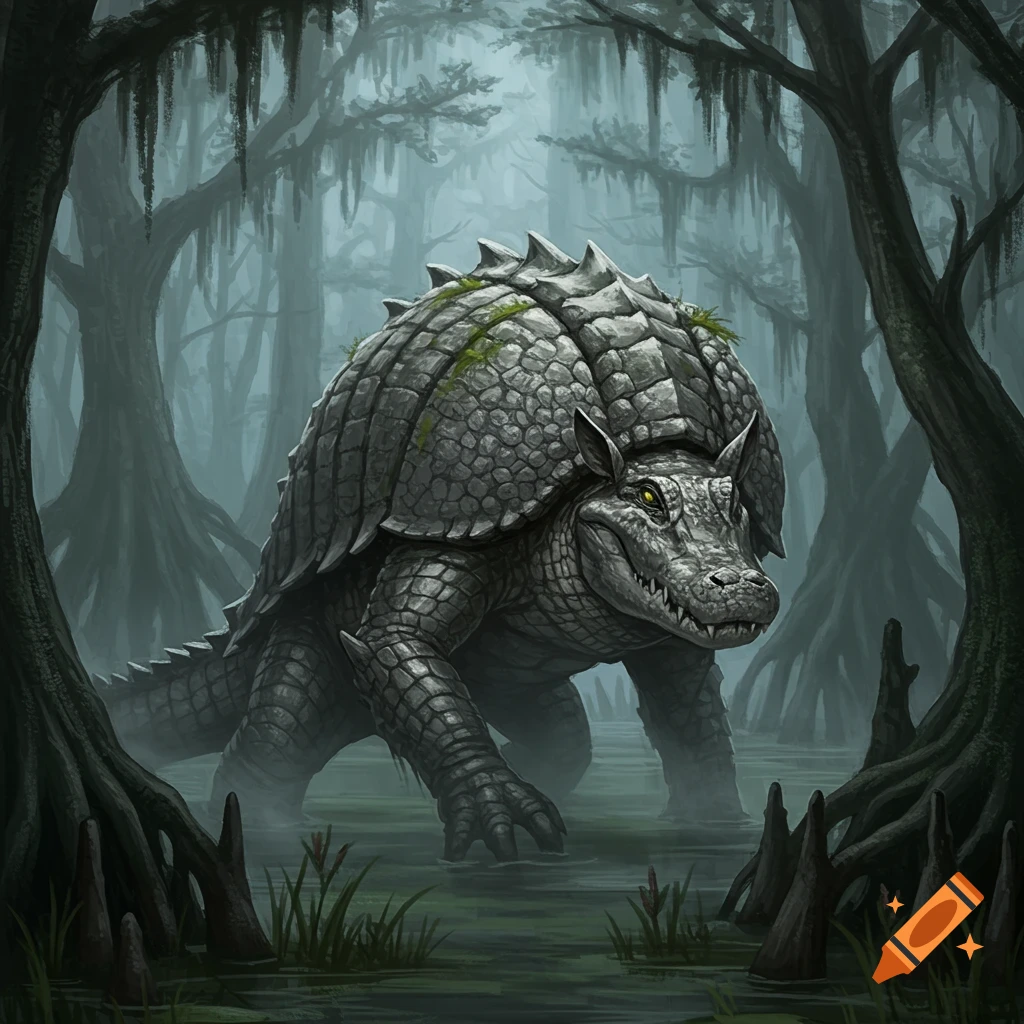 A grey alligator-like monster with a thick, scaly armadillo shell stands in a misty, dark swamp with cypress trees.
