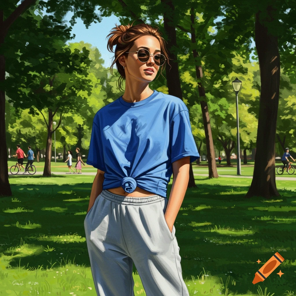 An illustration of a woman with sunglasses and a tied blue t-shirt standing in a sunny park.