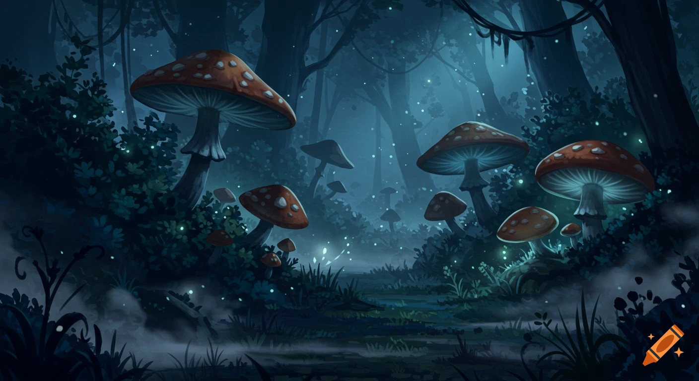 A dark fantasy forest at night with large, glowing mushrooms and misty ground. The scene is illuminated by faint blue and green light.