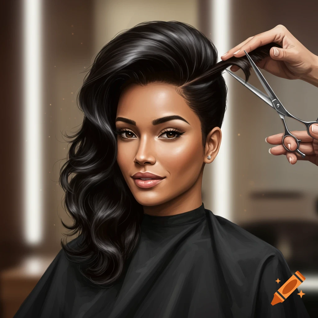 A beautiful woman with long dark hair gets a haircut from a stylist.