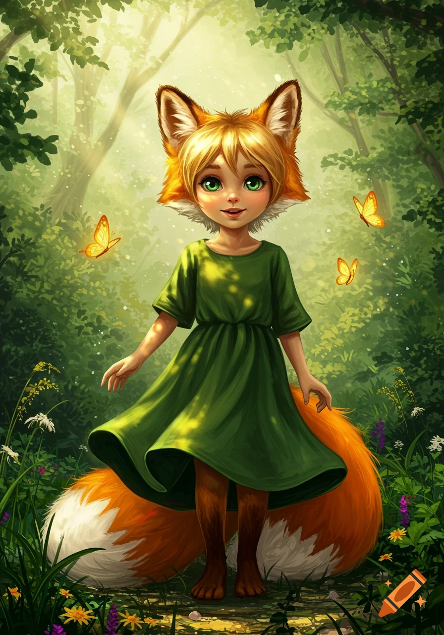 A cute fox girl with large ears and a fluffy tail stands in a vibrant, sunlit forest with butterflies.