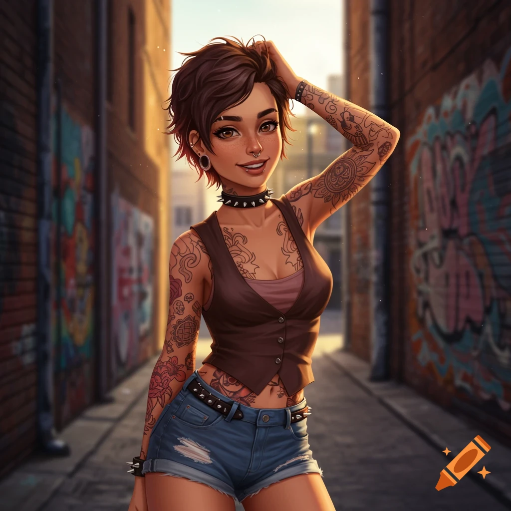 Stylized illustration of a smiling woman with short brown hair, piercings, and tattoos wearing a vest and denim shorts in an alleyway.