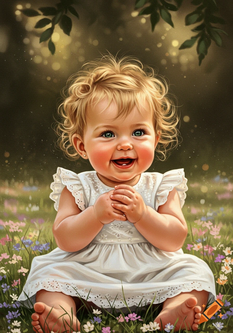 A cute blonde-haired baby girl with green eyes smiles joyfully, sitting in a field of colorful wildflowers under dappled sunlight.