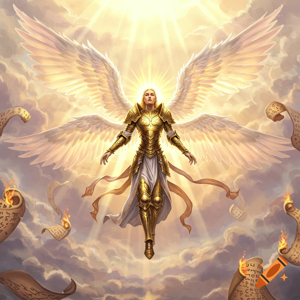 A majestic angel in golden armor with large white wings floats in a bright, cloudy sky, surrounded by burning ancient scrolls. Illustration.