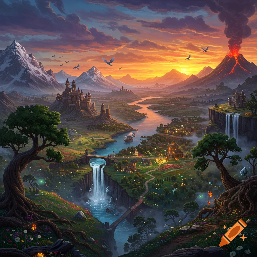 Vibrant fantasy landscape with a river winding through mountains, a large castle, a village, and a erupting volcano at sunset.
