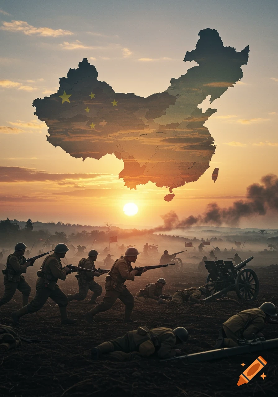 A dramatic poster depicting soldiers charging on a battlefield at sunset, with a translucent map of China overlaid in the sky, featuring yellow stars.
