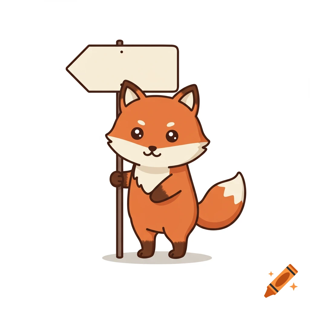 A cute cartoon fox holding a blank arrow sign pointing left.