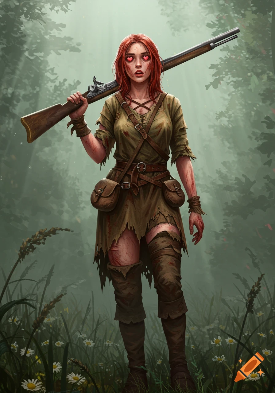 A young woman with red hair and heart-shaped pupils stands in a forest, wearing dirty, torn medieval rags and holding a musket over her shoulder. Her skin is covered in scratches and blood.