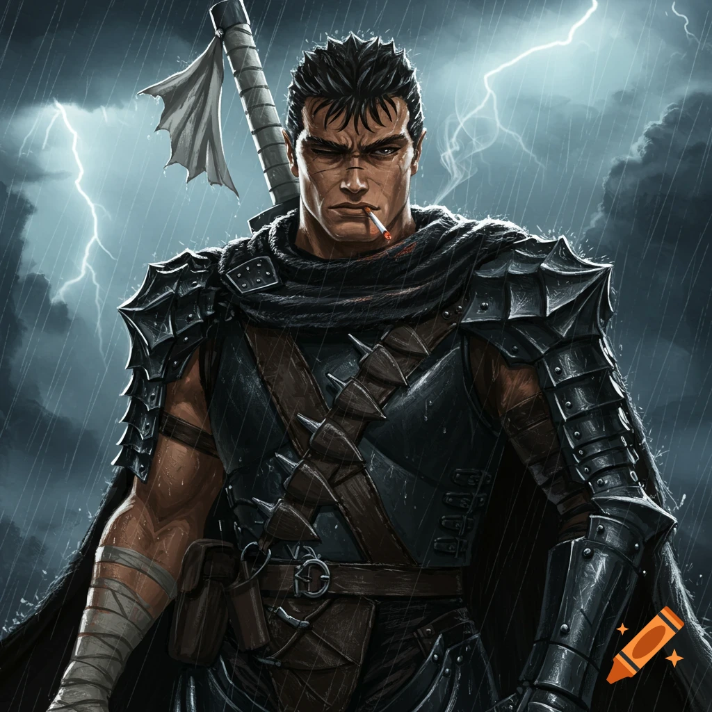 An armored man, Guts from Berserk, stands smoking a cigarette in the rain under a stormy, lightning-filled sky. Dark fantasy.