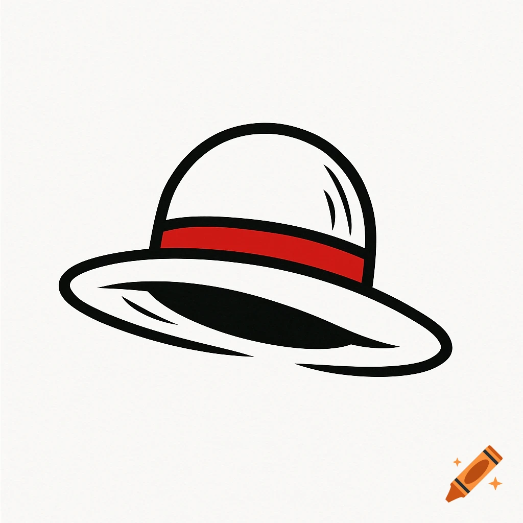 A minimalist logo of a white straw hat with a red band and black outlines.
