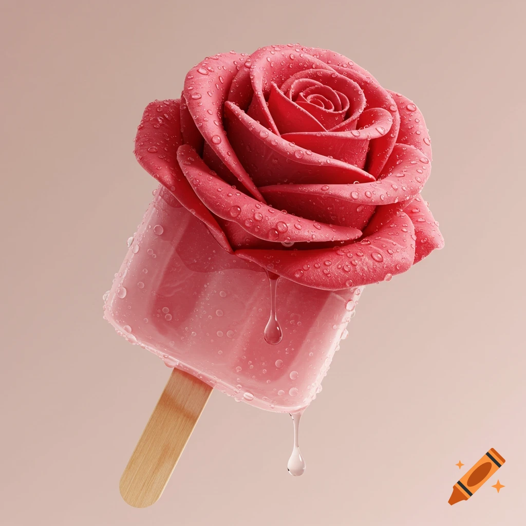 A photorealistic pink popsicle in the shape of a blooming rose, covered in water droplets and melting, on a light background.