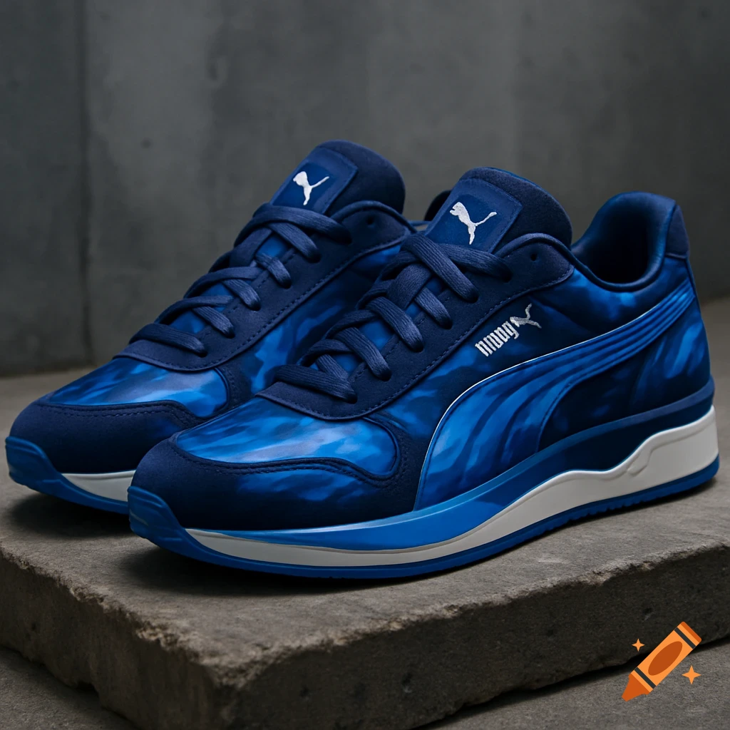 A pair of blue sneakers with a custom wavy pattern and a white sole, sitting on a concrete slab.