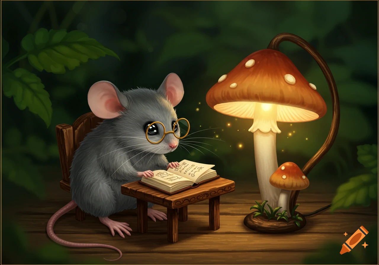A cute mouse with glasses sits at a small wooden table, reading an open book under the warm glow of a mushroom lamp.