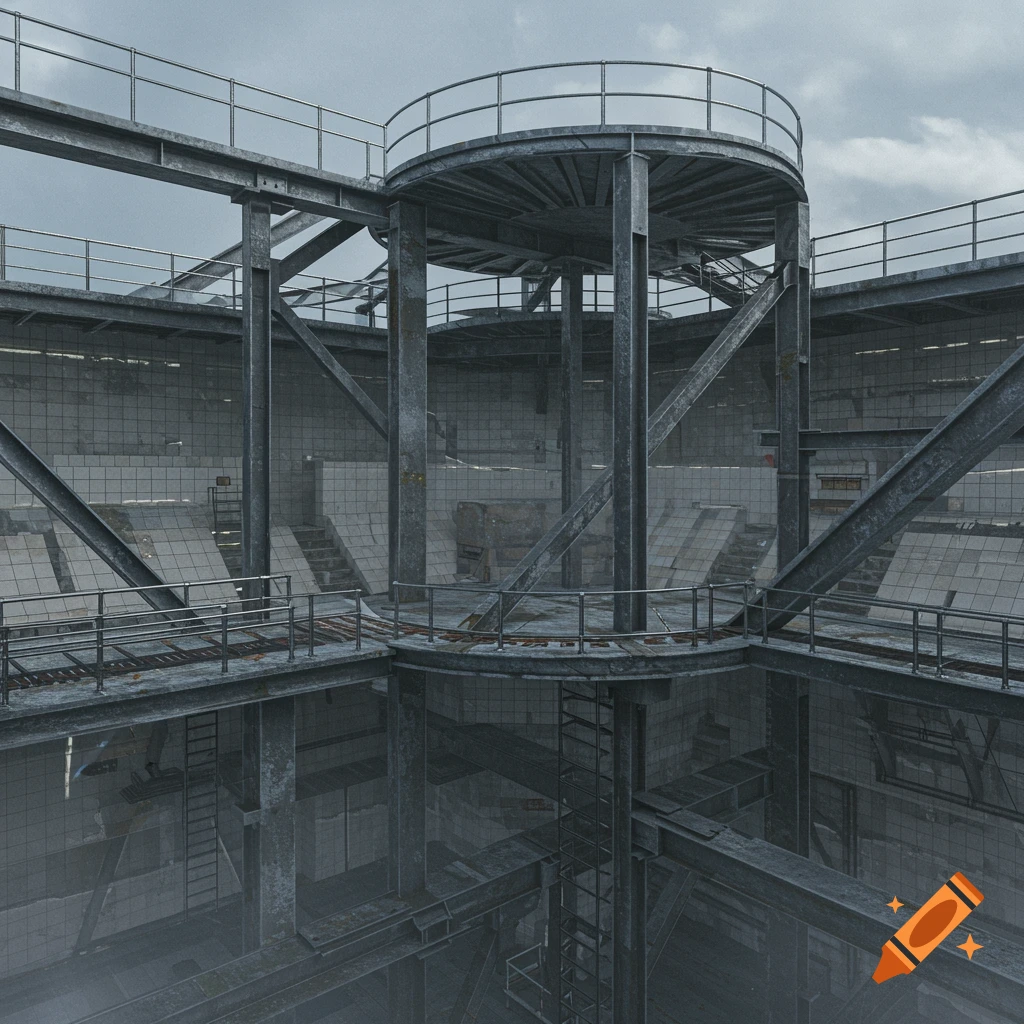 Multi-level industrial structure with metal beams, walkways, ladders, and tiled walls under a cloudy sky.