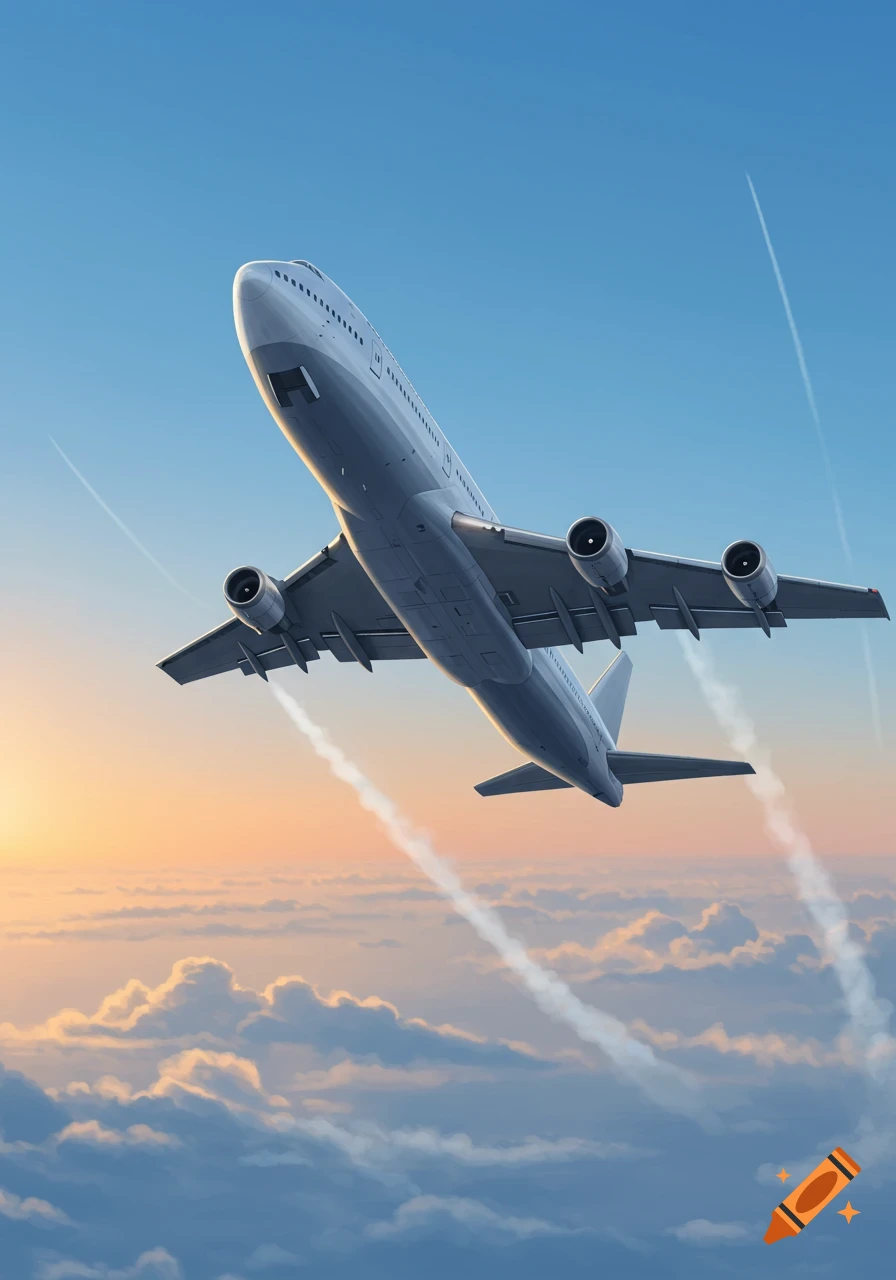 A photorealistic Boeing 747 airplane flies upward over clouds with contrails against a blue and orange sky.