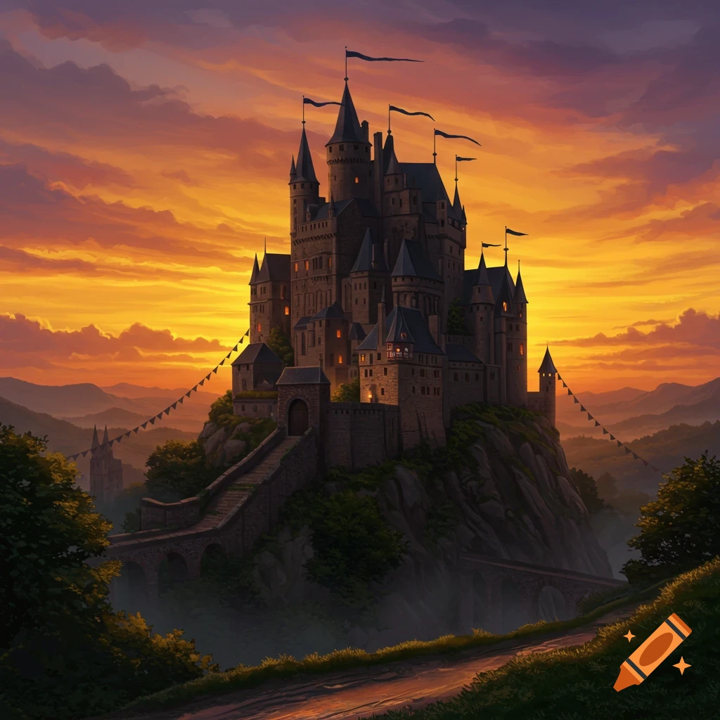 A grand medieval castle atop a hill at sunset, with a vibrant orange and purple sky and lush green valleys.