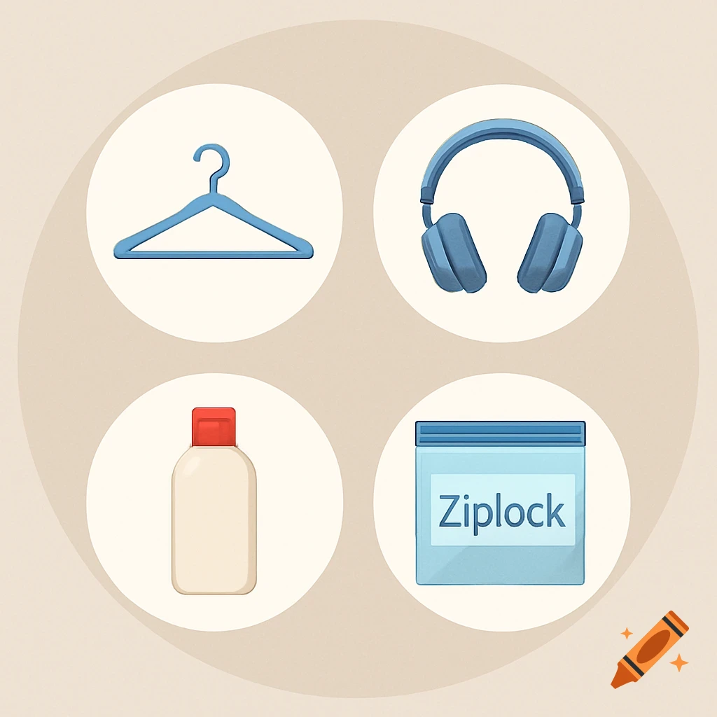 Four circles each containing an everyday item: a blue clothes hanger, blue headphones, a lotion bottle, and a ziplock bag with 'Ziplock' written on it. The background is beige.