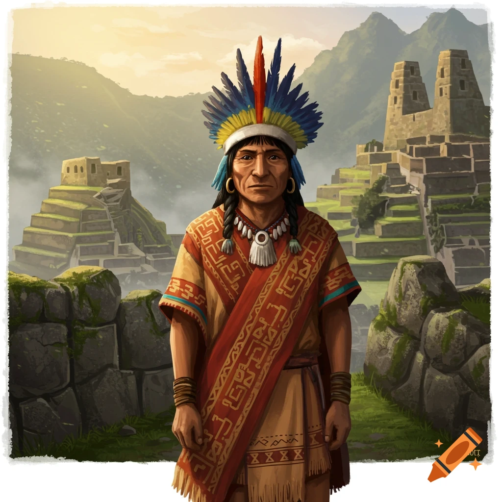 An indigenous man in traditional attire and feathered headdress stands before ancient stone ruins in a mountain landscape.