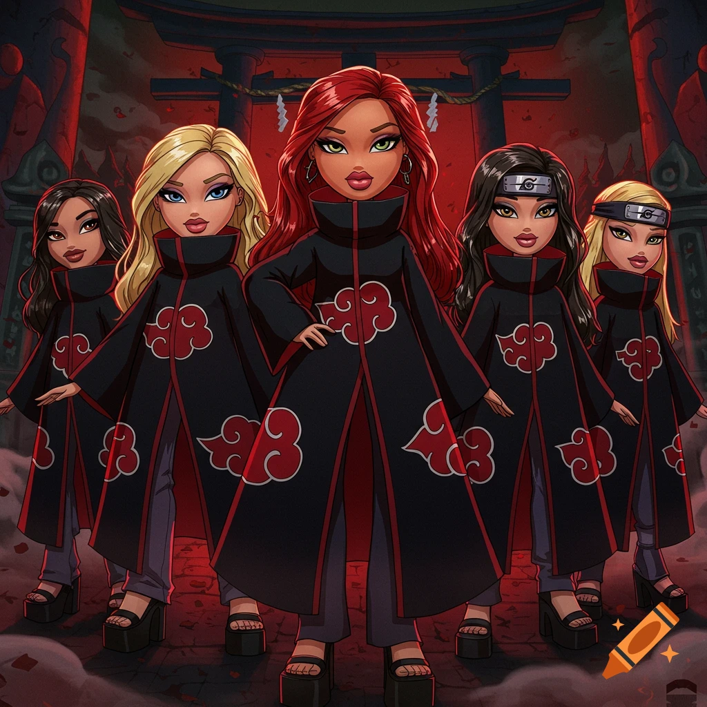 Five stylized Bratz dolls wearing black Akatsuki cloaks with red clouds, standing in front of a red Japanese shrine gate.