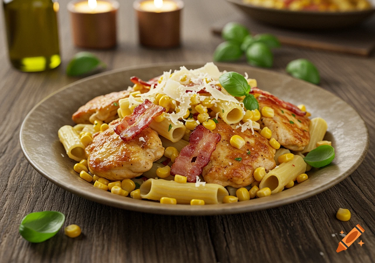 A close-up of a plate of rigatoni pasta with grilled chicken, crispy bacon, sweet corn, grated Parmesan cheese, and fresh basil on a wooden table.