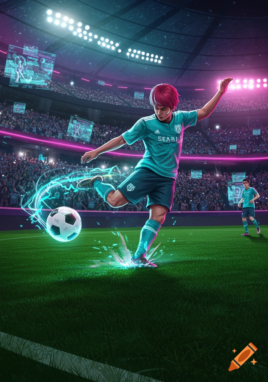 A futuristic soccer player with red hair kicks a glowing soccer ball in a neon-lit stadium with holographic screens.
