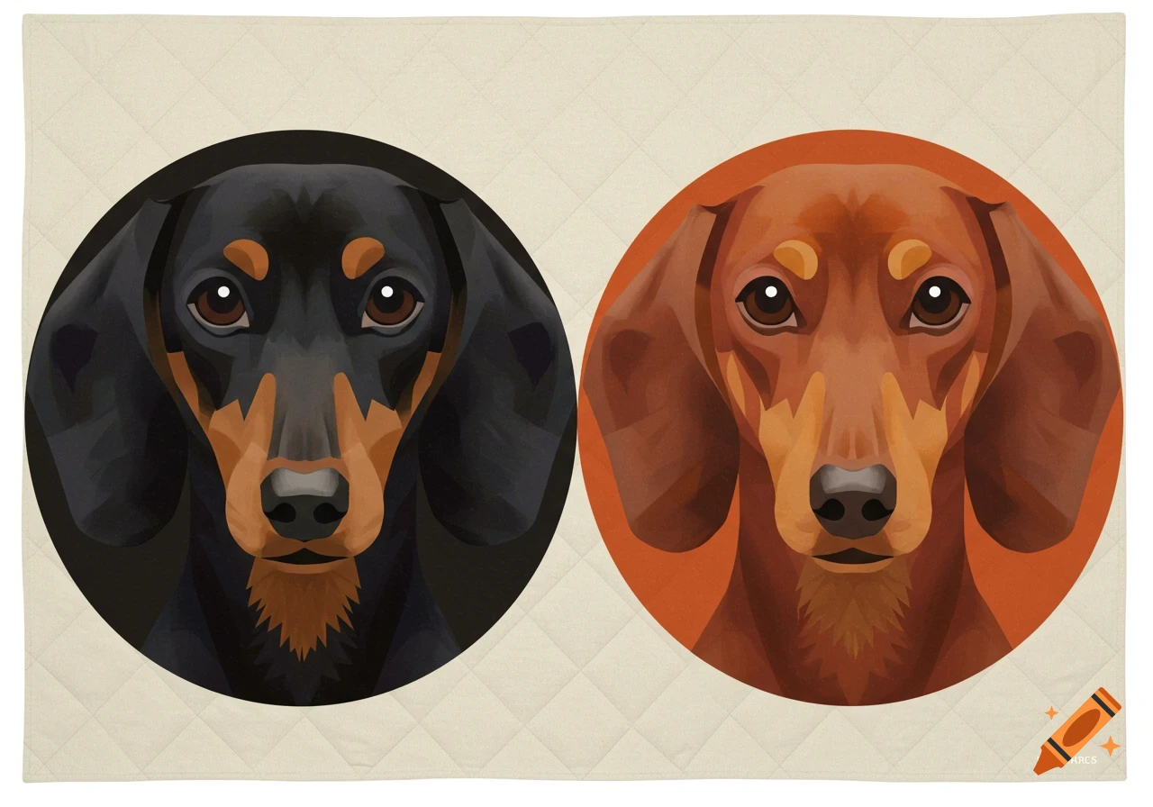 Two graphic illustrations of dachshund faces, a black and tan and a red, on a quilted beige background.