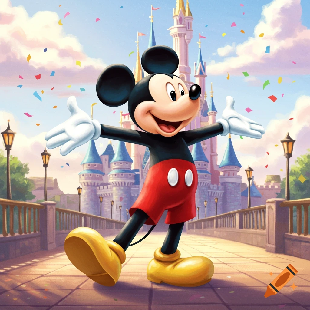 Mickey Mouse stands with open arms on a bridge in front of a colorful castle as confetti falls.
