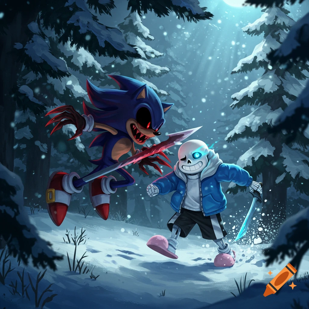 Sonic.exe attacks Sans with a bloody sword in a snowy forest, as Sans dodges with a glowing blue eye and knife.