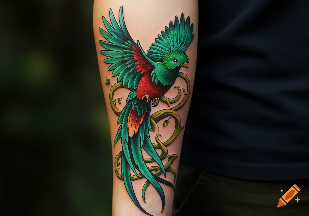 A vibrant green and red Quetzal bird tattoo with spread wings and leafy vines on a person's arm.
