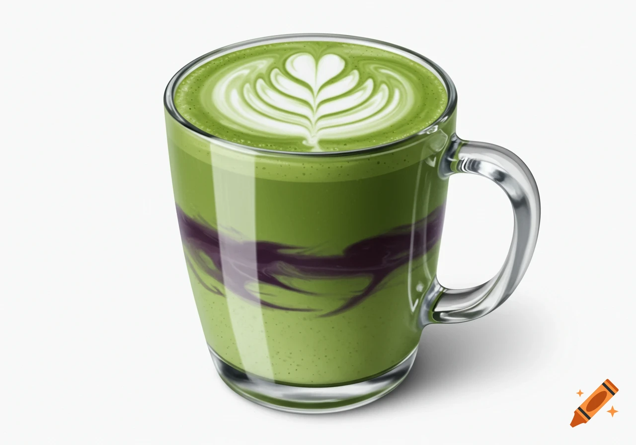Photorealistic matcha blueberry latte in a clear glass mug with white latte art.