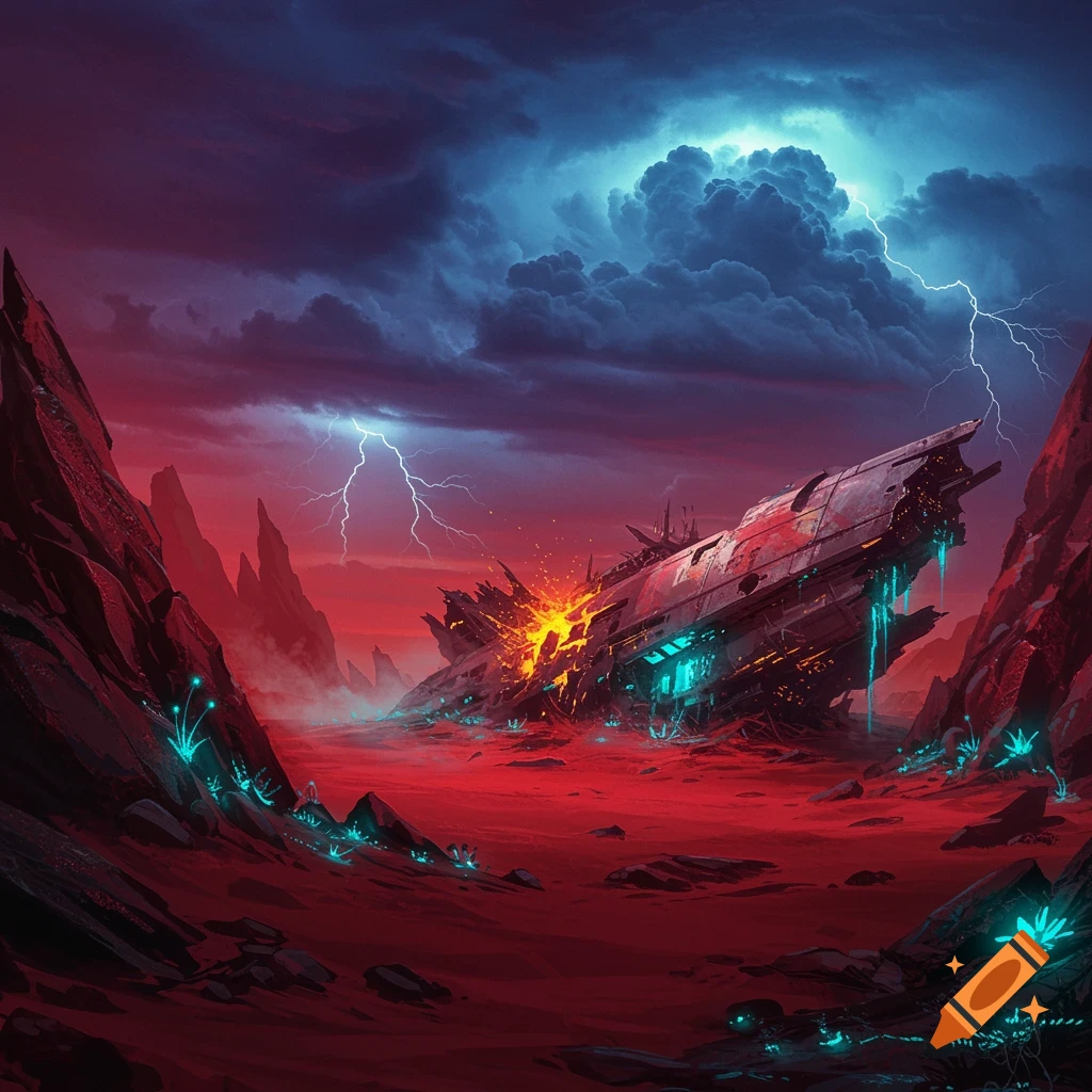 A crashed spaceship lies on a desolate red alien landscape under a stormy, lightning-filled sky.