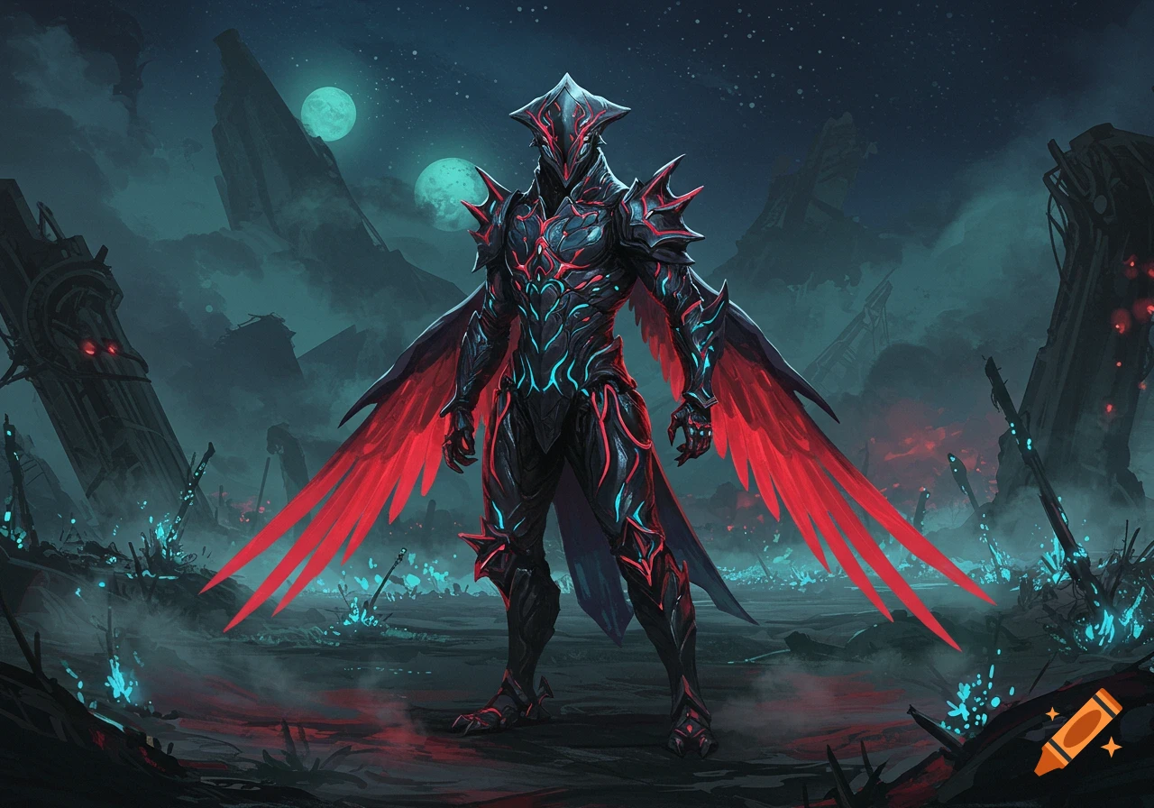 A dark armored character with glowing red and blue accents and large red wings stands in a desolate alien landscape under two moons.