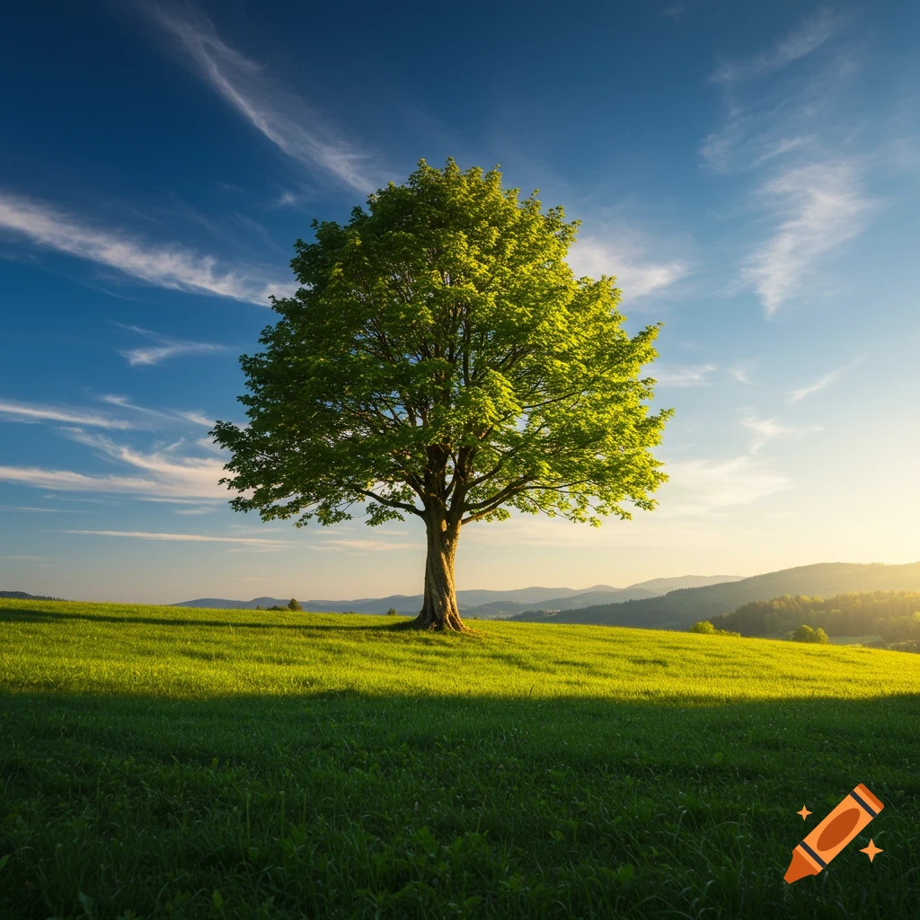 A vibrant green tree stands on a sunlit grassy hill with mountains in the distance under a blue sky.