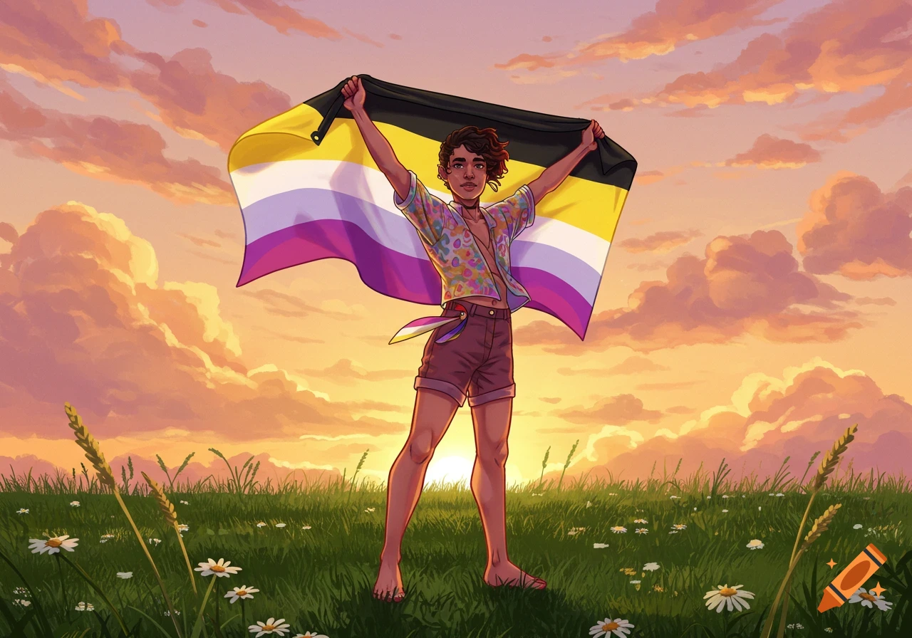 A non-binary person holds a non-binary flag triumphantly in a field of daisies at sunset, digital art.