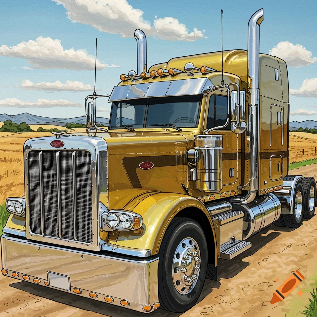 A gold and silver Peterbilt semi-truck with chrome accents on a dirt road next to a field under a cloudy sky, in a semi-realistic cartoon style.