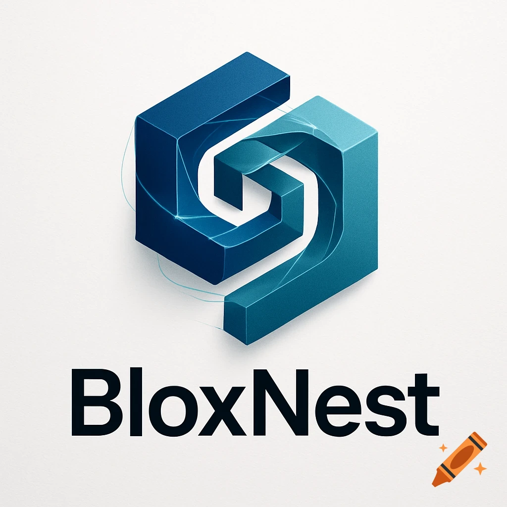 A blue and teal abstract 3D logo above the word 'BloxNest' on a white background.