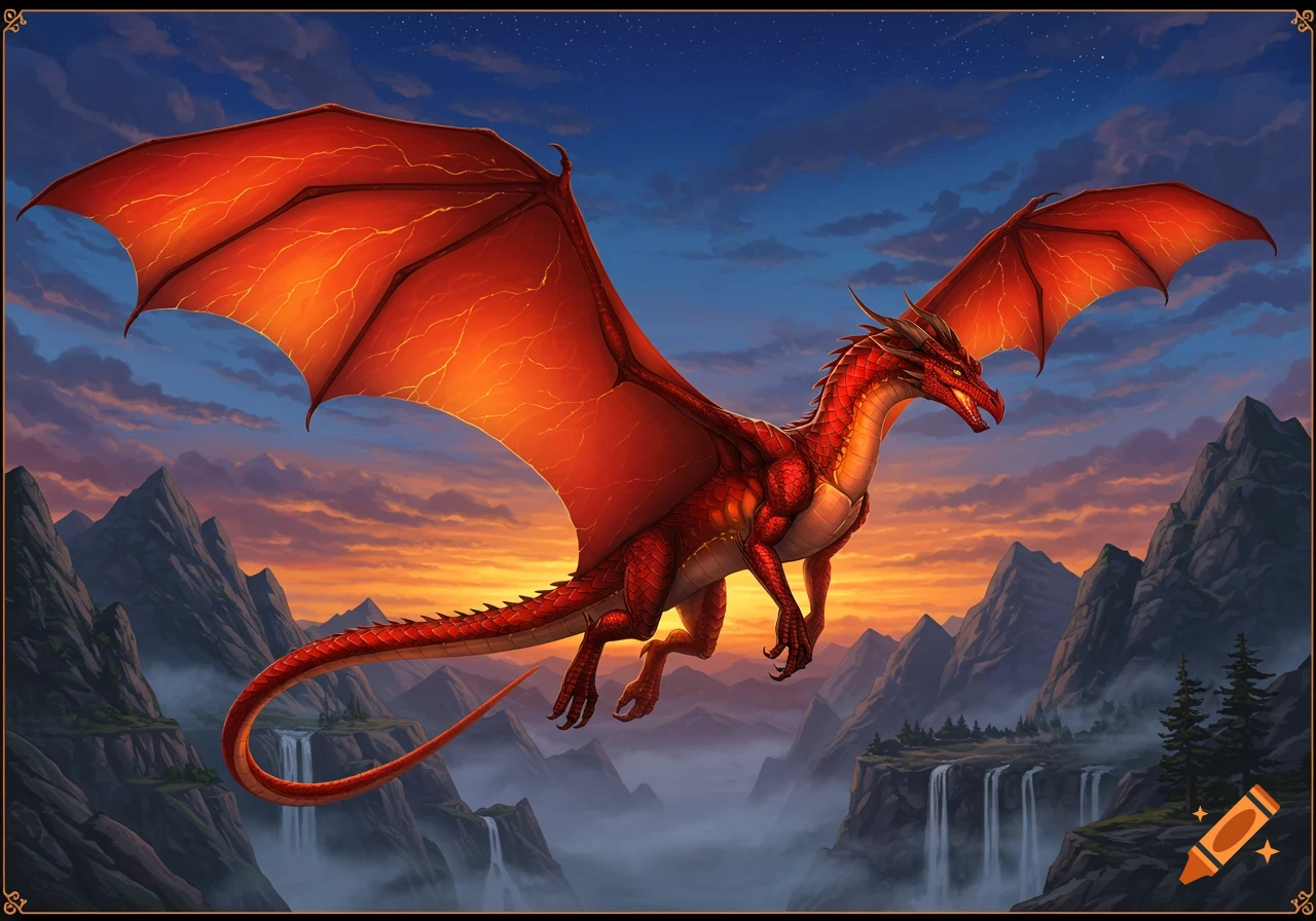 A vibrant red dragon with large orange wings soars over misty mountains with waterfalls at sunset under a starry sky.