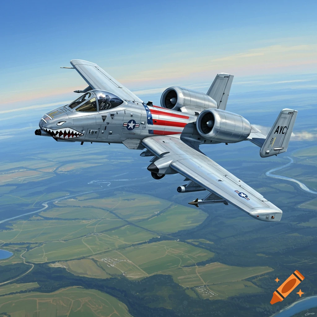 An A-10 Warthog aircraft with a shark mouth nose art and an American flag stripe on its fuselage flies over a green landscape with a river under a blue sky.