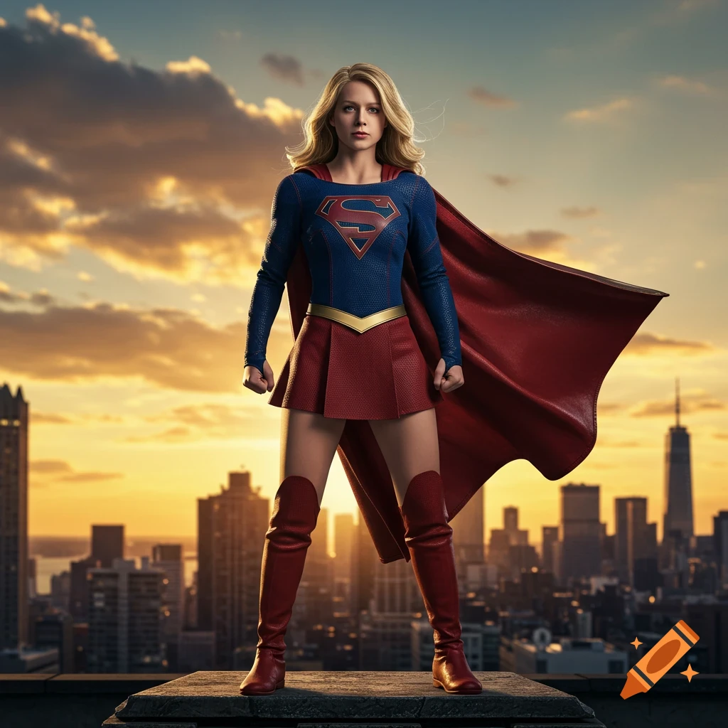 Photorealistic image of Supergirl standing on a rooftop overlooking a city skyline at sunset.