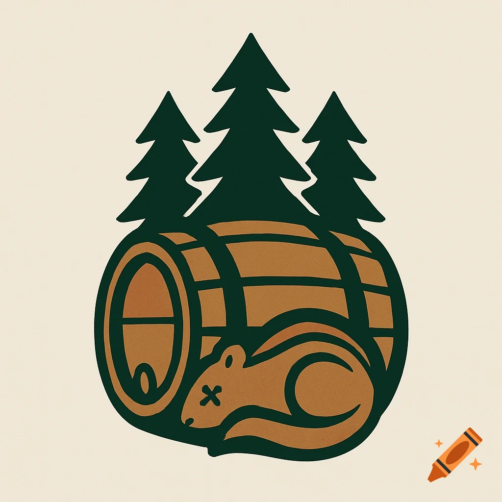 A minimalist logo featuring a brown barrel, a stylized dead chipmunk with crossed-out eyes, and three dark green pine trees on a light background.