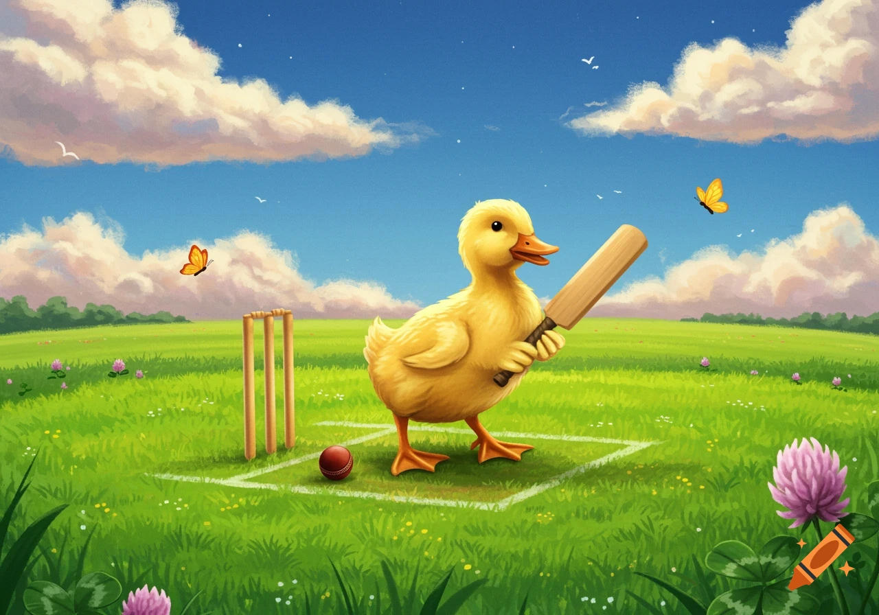 A golden duckling holds a cricket bat, standing on a cricket pitch in a grassy field under a blue sky with clouds.