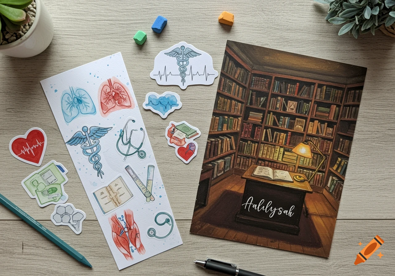 A flat lay of medical-themed stationery including a long bookmark with anatomical illustrations, various die-cut stickers (lungs, caduceus, stethoscope, heart, brain, muscles), and a postcard featuring a library scene with a desk, lamp, and books. A pencil and pen are also on the wooden surface.