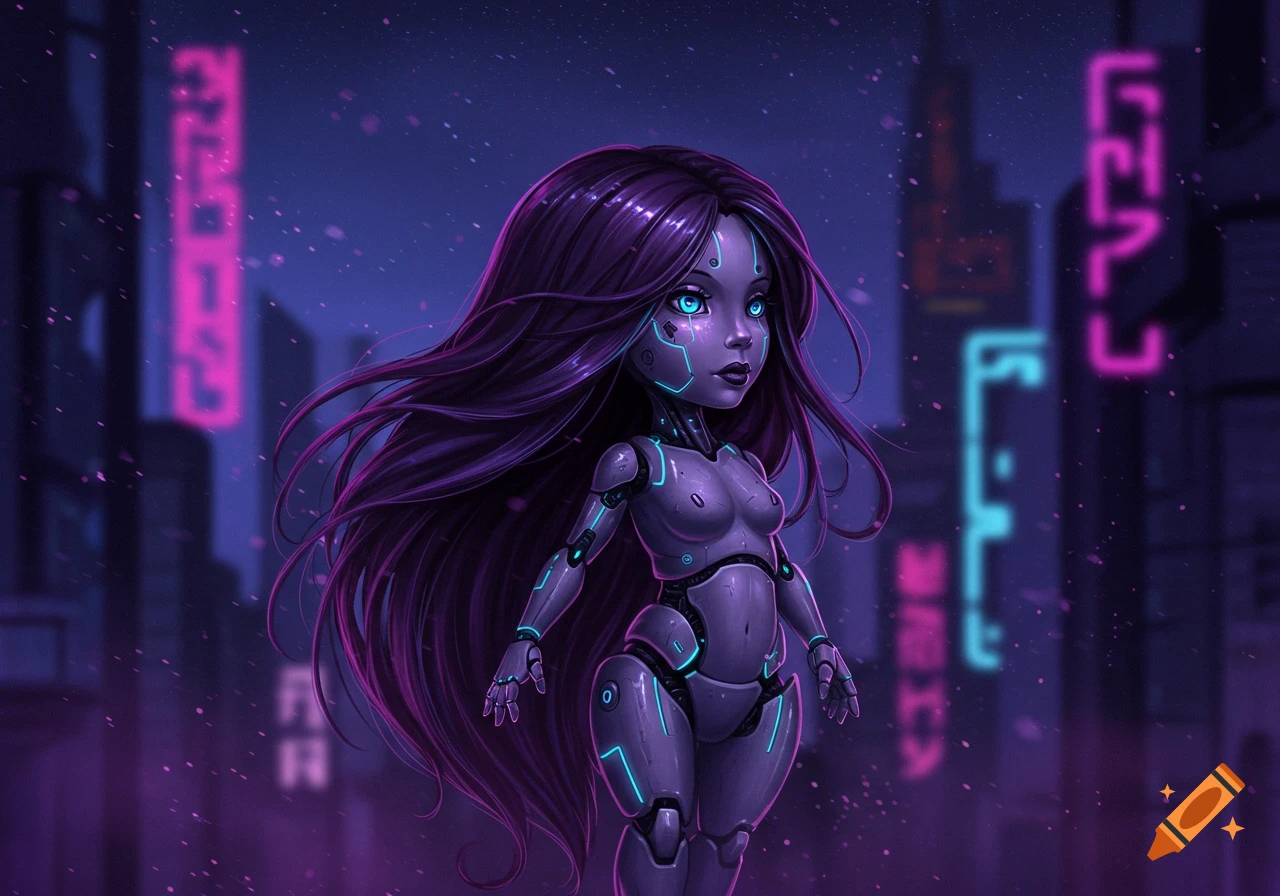 A stylized female android with long dark purple hair and glowing blue eyes stands in a neon-lit cyberpunk city.