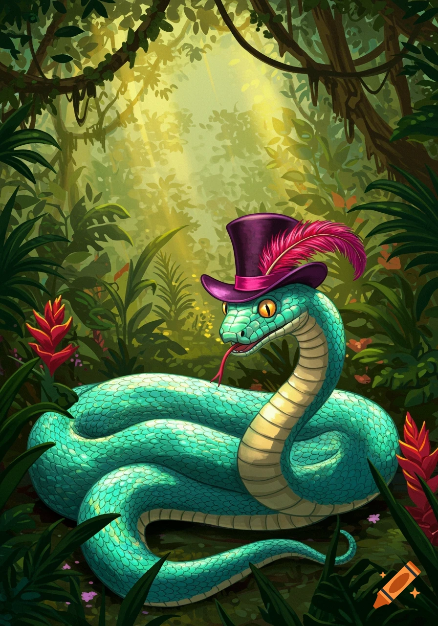 A teal snake with a purple top hat and a pink feather sits in a lush green jungle.