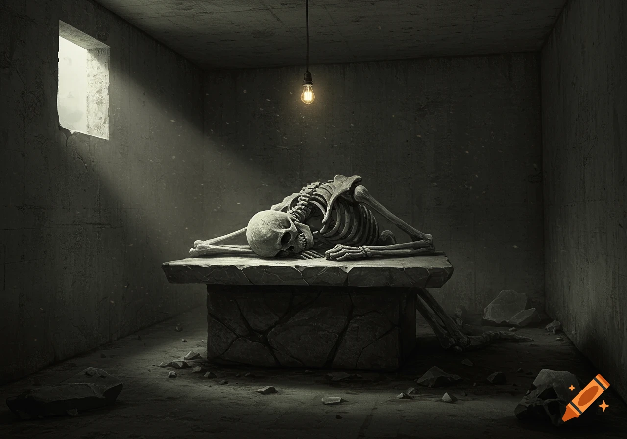 A photorealistic skeleton slumped on a stone slab in a dimly lit concrete room with a single lightbulb and a window.