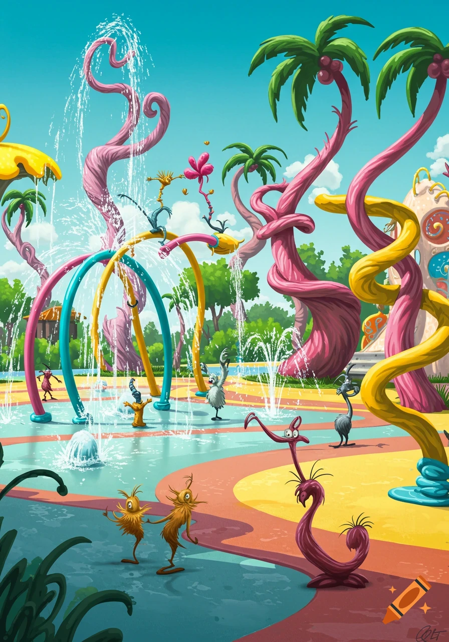 A vibrant Dr. Seuss-style splash pad with whimsical creatures, colorful water features, and fantastical trees.