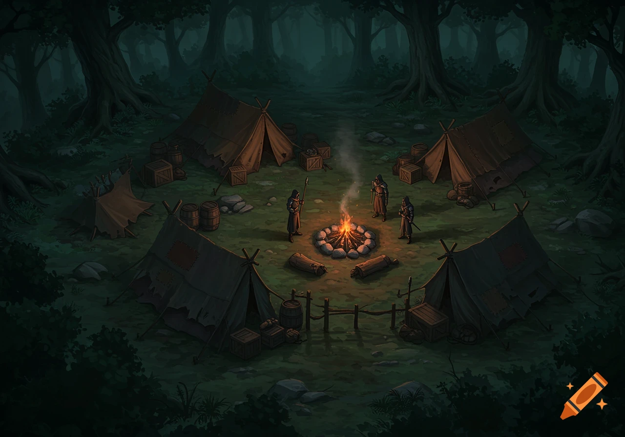 An illustrative fantasy battle map showing a dark forest bandit camp with tents, crates, barrels, and four cloaked figures around a campfire.