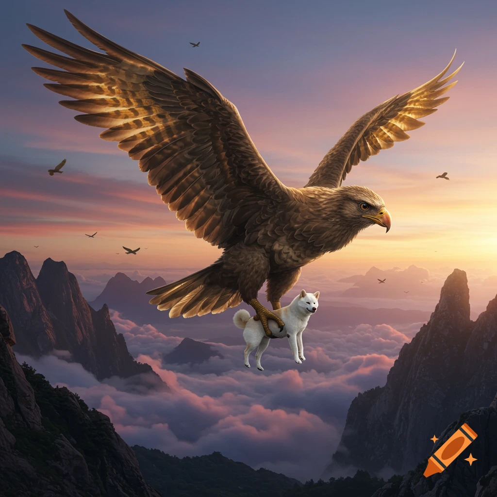 A giant eagle carries a white Shiba dog over a vast mountainous landscape filled with clouds at sunset.