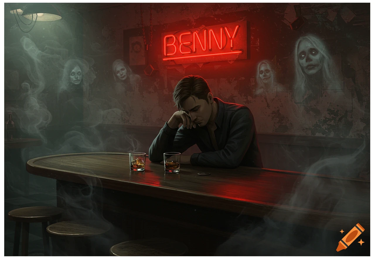 A melancholic man sits alone at a dark bar with a red neon sign reading 'BENNY', surrounded by translucent ghostly figures.
